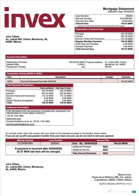Download Mexico Banco Invex mortgage statement Word and PDF template Photoshop template